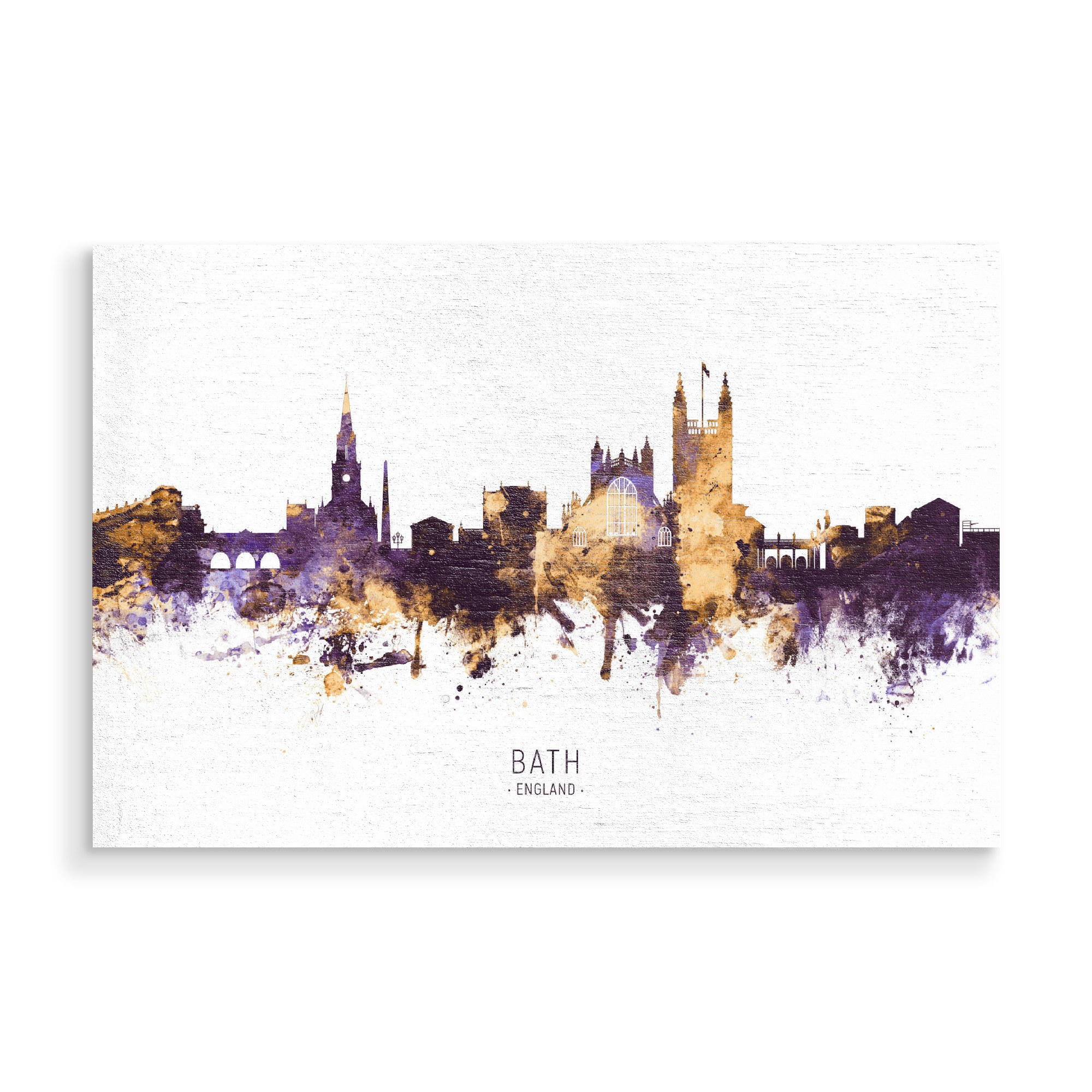 Holzbild "Bath England Skyline PurpleGold" artboxONE - Städte - Bath,England,Skyline,Cityscape,Stadtbild,Watercolor,Painting,City