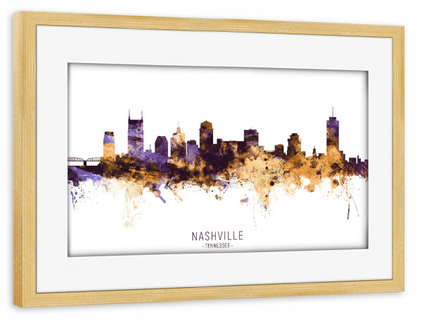 Poster mit Rahmen kiefer "Nashville Skyline PurpleGold" artboxONE - Städte - Nashville,Tennessee,Skyline,Cityscape,Stadtbild,Watercolor,Usa,City