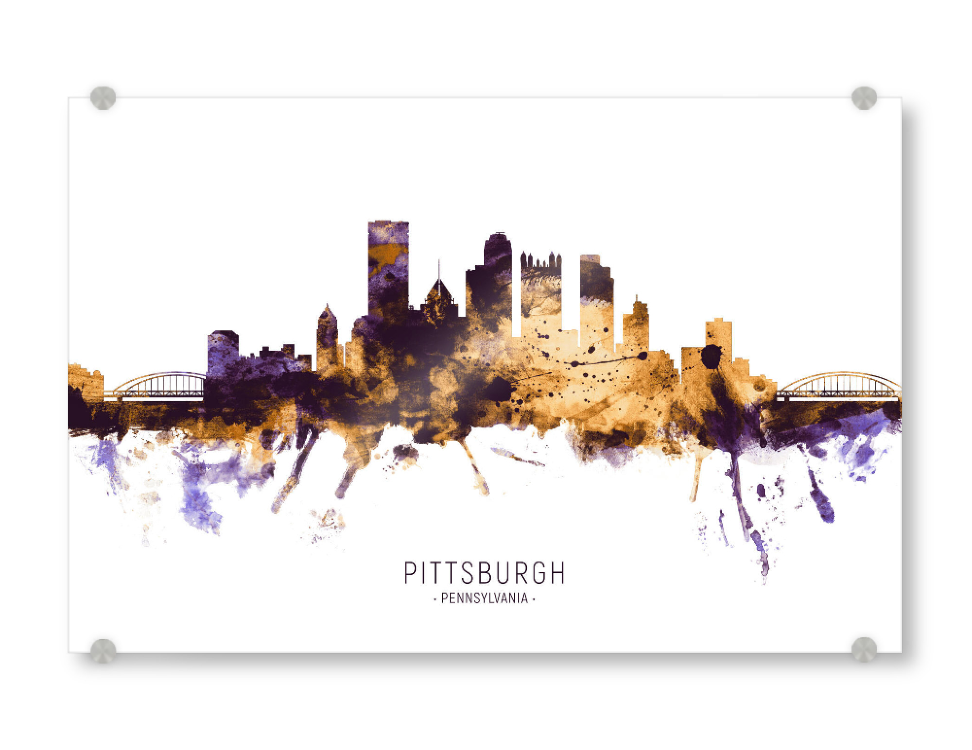 Acrylglasbild "Pittsburgh Skyline PurpleGold" artboxONE - Städte - Pittsburgh,Pennsylvania,Skyline,Cityscape,Stadtbild,Watercolor,Painting,City