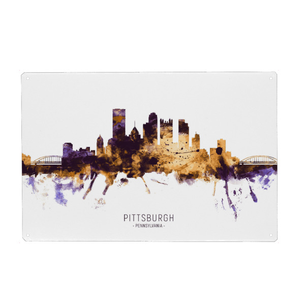 Holzbild "Pittsburgh Skyline PurpleGold" artboxONE - Städte - Pittsburgh,Pennsylvania,Skyline,Cityscape,Stadtbild,Watercolor,Painting,City