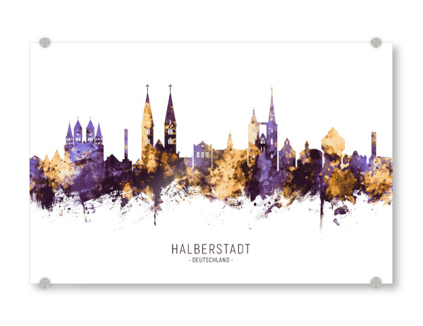 Acrylglasbild "Halberstadt Skyline PurpleGold" artboxONE - Städte - Halberstadt,Deutschland,Skyline,Cityscape,Stadtbild,Watercolor,City