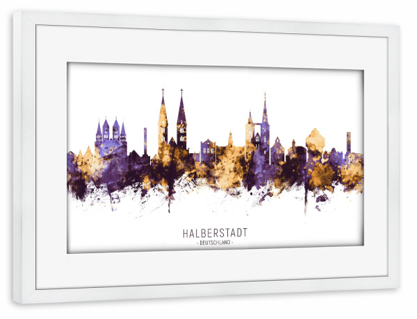 Poster mit Rahmen weiß "Halberstadt Skyline PurpleGold" artboxONE - Städte - Halberstadt,Deutschland,Skyline,Cityscape,Stadtbild,Watercolor,City