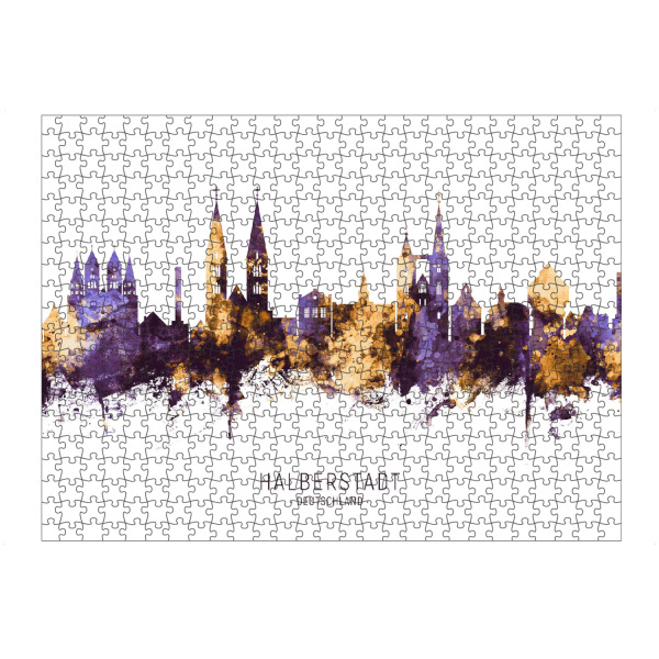 Puzzle Ravensburger "Halberstadt Skyline PurpleGold" artboxONE - Städte - Halberstadt,Deutschland,Skyline,Cityscape,Stadtbild,Watercolor,City
