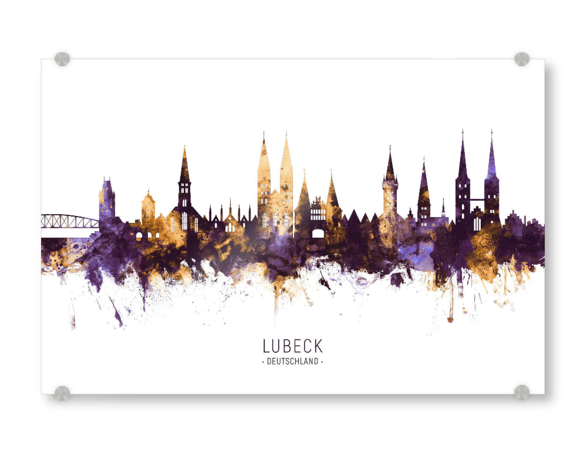 Acrylglasbild "Lubeck Germany Skyline PurpleGold" artboxONE - Städte - Lubeck,Deutschland,Skyline,Cityscape,Stadtbild,Watercolor,City