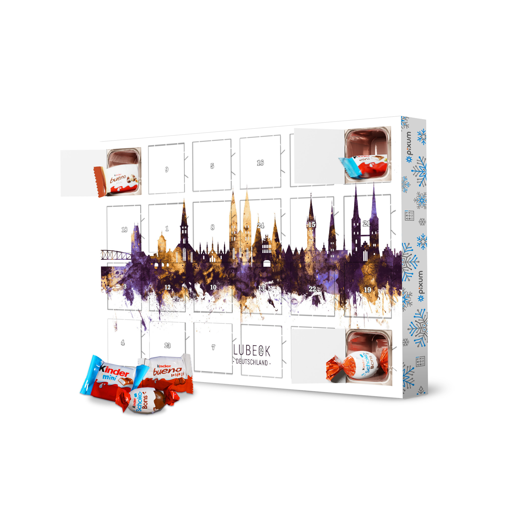 Adventskalender mit Produkten von Kinder Lubeck Germany Skyline PurpleGold artboxONE Adventskalender Städte
