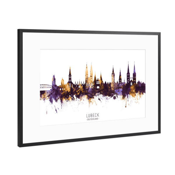 Poster mit Rahmen Schwarz (Metallic) "Lubeck Germany Skyline PurpleGold" artboxONE - Städte