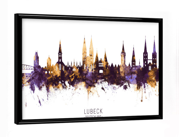 Poster mit schwarzem Rahmen "Lubeck Germany Skyline PurpleGold" artboxONE - Städte - Lubeck,Deutschland,Skyline,Cityscape,Stadtbild,Watercolor,City