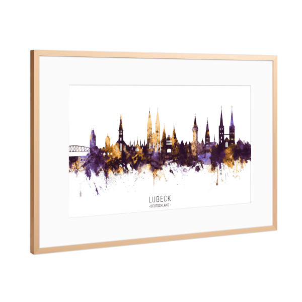 Poster mit Rahmen Kupfer "Lubeck Germany Skyline PurpleGold" artboxONE - Städte - Lubeck,Deutschland,Skyline,Cityscape,Stadtbild,Watercolor,City