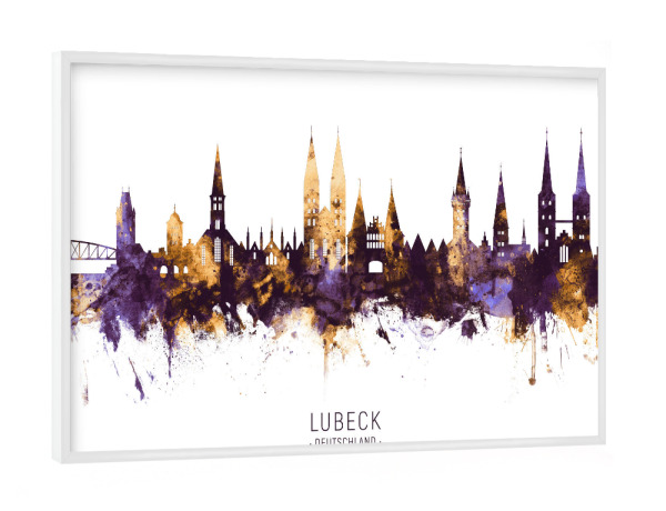 Poster mit weißem Rahmen "Lubeck Germany Skyline PurpleGold" artboxONE - Städte - Lubeck,Deutschland,Skyline,Cityscape,Stadtbild,Watercolor,City