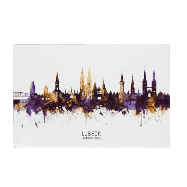 Metall Poster "Lubeck Germany Skyline PurpleGold" artboxONE - Städte - Lubeck,Deutschland,Skyline,Cityscape,Stadtbild,Watercolor,City - Blechschild