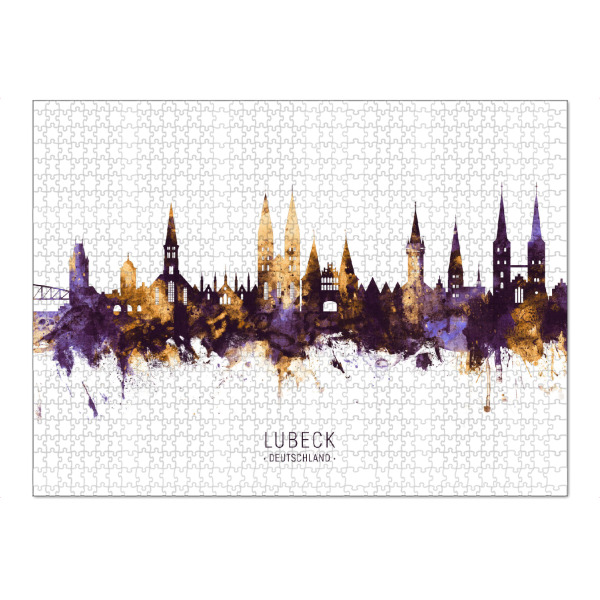 Puzzle Ravensburger "Lubeck Germany Skyline PurpleGold" artboxONE - Städte - Lubeck,Deutschland,Skyline,Cityscape,Stadtbild,Watercolor,City
