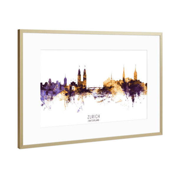 Poster mit Rahmen Gold "Zurich Skyline PurpleGold" artboxONE - Städte / Zürich - Zurich,Switzerland,Skyline,Cityscape,Stadtbild,Watercolor,City
