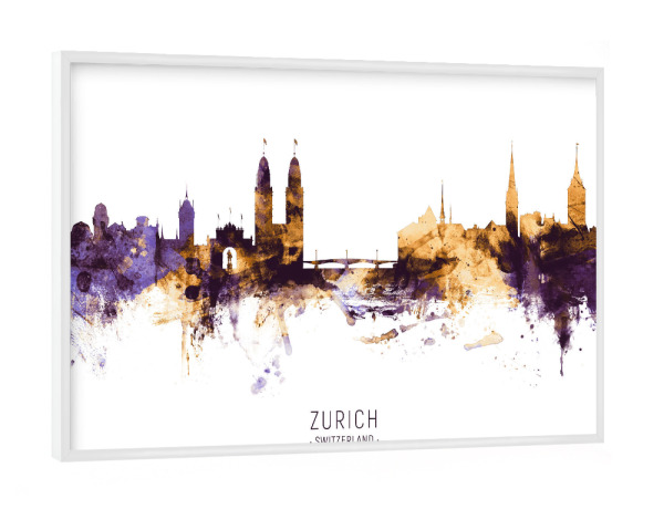 Poster mit weißem Rahmen "Zurich Skyline PurpleGold" artboxONE - Städte / Zürich - Zurich,Switzerland,Skyline,Cityscape,Stadtbild,Watercolor,City