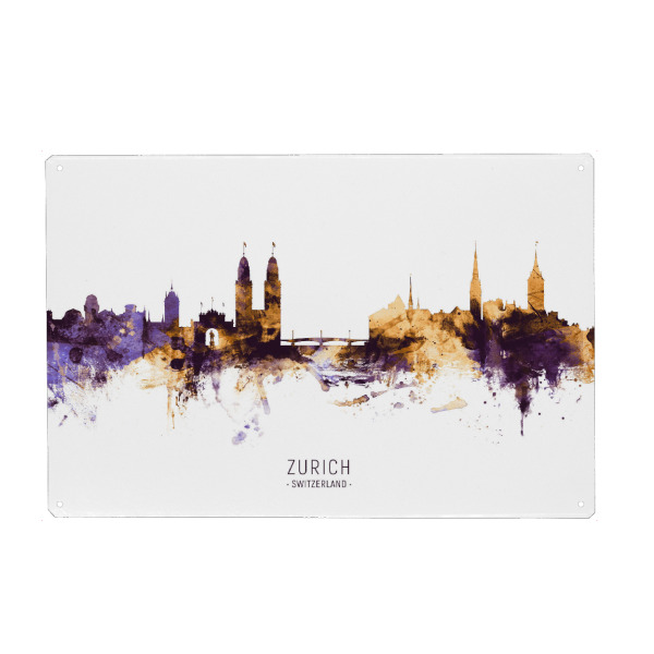 Holzbild "Zurich Skyline PurpleGold" artboxONE - Städte / Zürich - Zurich,Switzerland,Skyline,Cityscape,Stadtbild,Watercolor,City