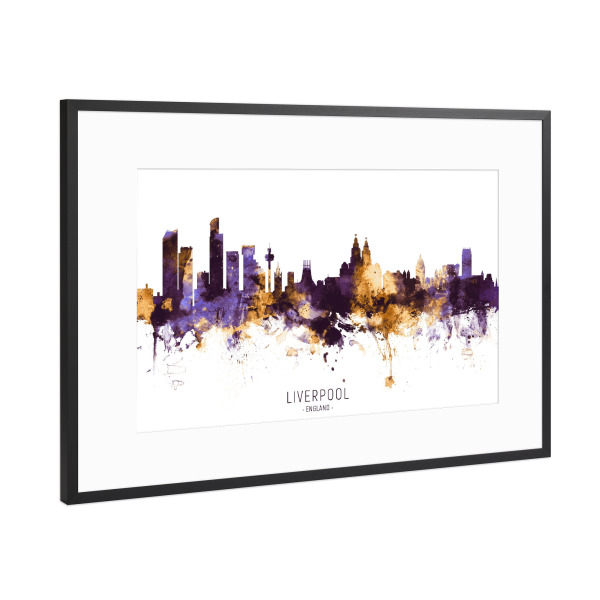 Poster mit Rahmen Schwarz (Metallic) "Liverpool Skyline PurpleGold" artboxONE - Städte - Liverpool,England,Skyline,Cityscape,Stadtbild,Watercolor,City