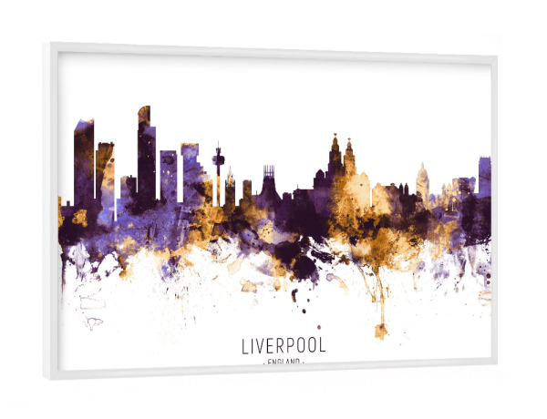 Poster mit weißem Rahmen "Liverpool Skyline PurpleGold" artboxONE - Städte - Liverpool,England,Skyline,Cityscape,Stadtbild,Watercolor,City
