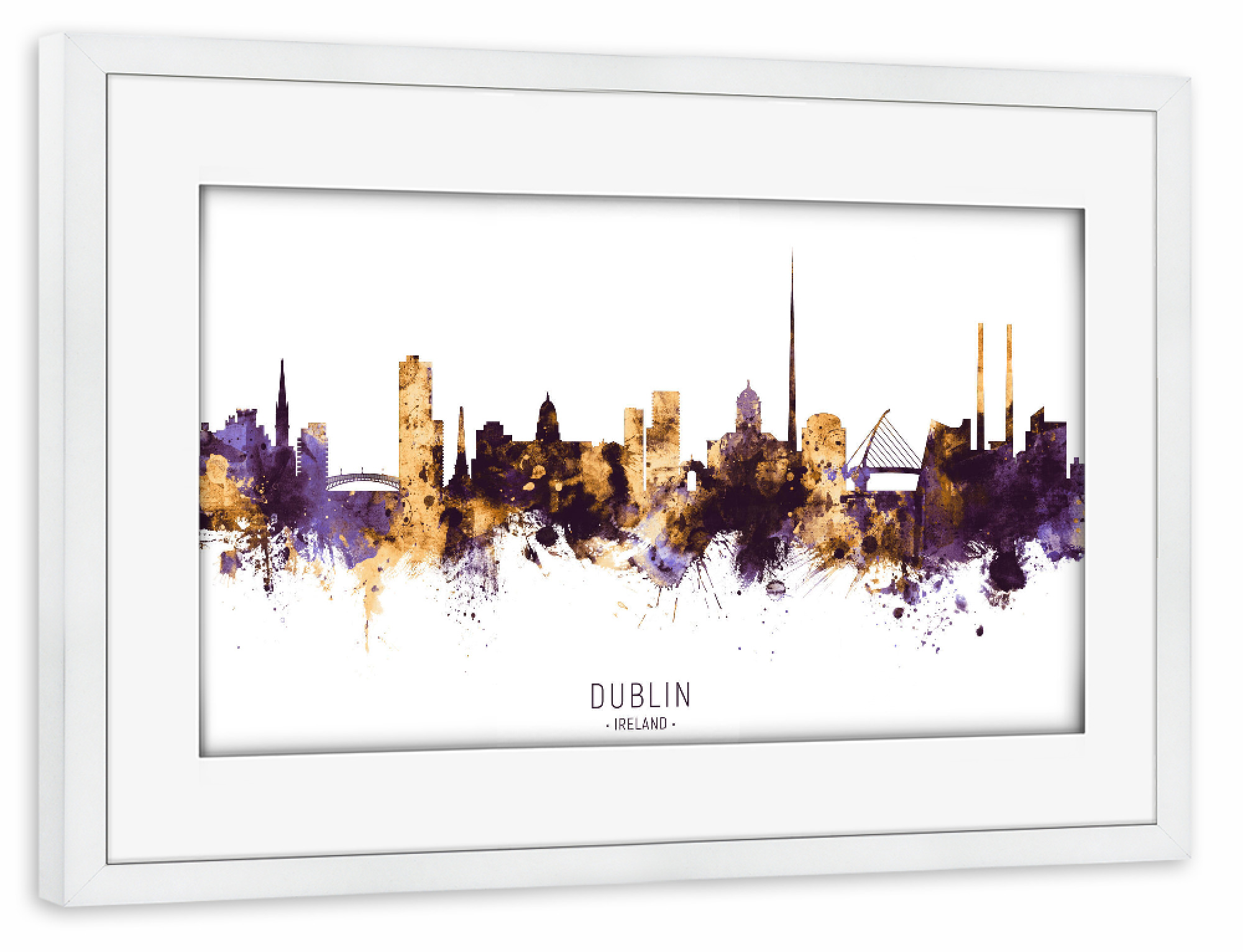 Poster mit Rahmen weiß "Dublin Ireland Skyline PurpleGold" artboxONE - Städte - Dublin,Ireland,Skyline,Cityscape,Stadtbild,Watercolor,City