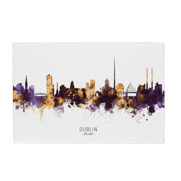 Holzbild "Dublin Ireland Skyline PurpleGold" artboxONE - Städte - Dublin,Ireland,Skyline,Cityscape,Stadtbild,Watercolor,City