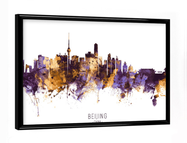 Poster mit schwarzem Rahmen "Beijing China Skyline PurpleGold" artboxONE - Städte - Beijing,China,Skyline,Cityscape,Stadtbild,Watercolor,City