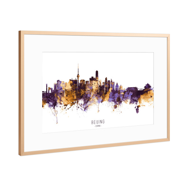 Poster mit Rahmen Kupfer "Beijing China Skyline PurpleGold" artboxONE - Städte - Beijing,China,Skyline,Cityscape,Stadtbild,Watercolor,City