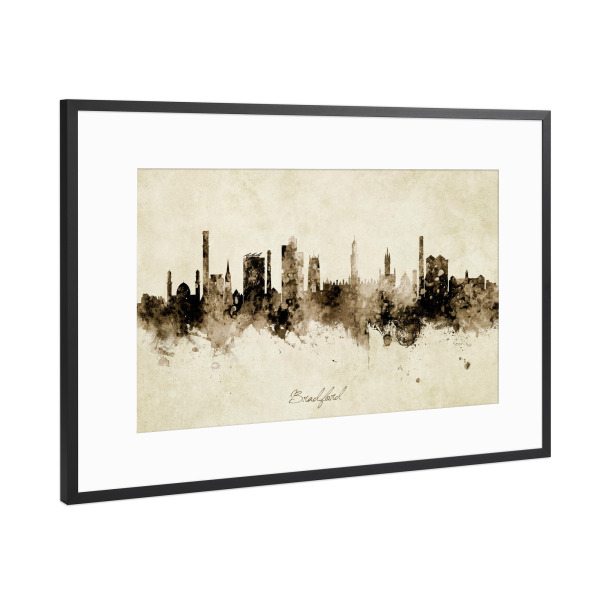 Poster mit Rahmen Schwarz (Metallic) "Bradford England Skyline Sepia" artboxONE - Städte