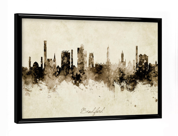 Poster mit schwarzem Rahmen "Bradford England Skyline Sepia" artboxONE - Städte - Bradford,England,Skyline,Cityscape,Stadtbild,Watercolor,City