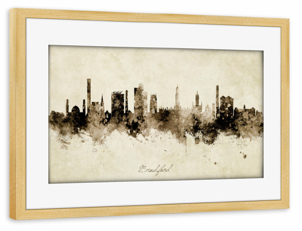 Poster mit Rahmen kiefer "Bradford England Skyline Sepia" artboxONE - Städte - Bradford,England,Skyline,Cityscape,Stadtbild,Watercolor,City