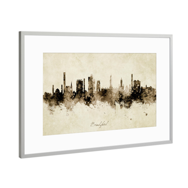Poster mit Rahmen Silber "Bradford England Skyline Sepia" artboxONE - Städte - Bradford,England,Skyline,Cityscape,Stadtbild,Watercolor,City