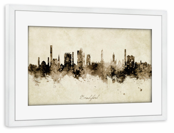 Poster mit Rahmen weiß "Bradford England Skyline Sepia" artboxONE - Städte - Bradford,England,Skyline,Cityscape,Stadtbild,Watercolor,City
