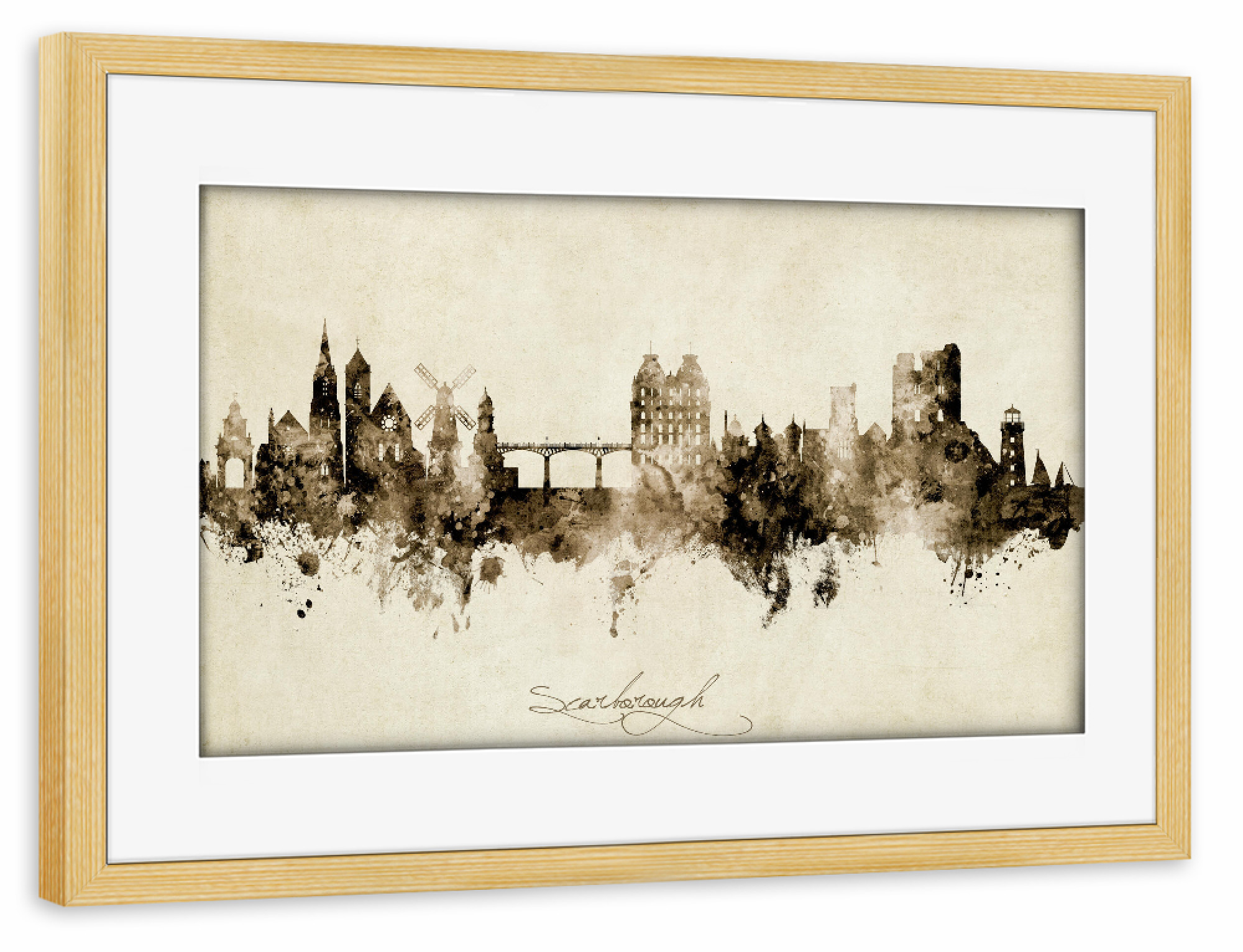 Poster mit Rahmen kiefer "Scarborough England Skyline Sepia" artboxONE - Städte
