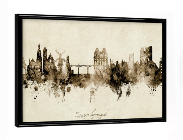 Poster mit schwarzem Rahmen "Scarborough England Skyline Sepia" artboxONE - Städte
