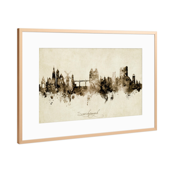 Poster mit Rahmen Kupfer "Scarborough England Skyline Sepia" artboxONE - Städte