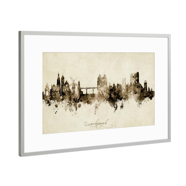 Poster mit Rahmen Silber "Scarborough England Skyline Sepia" artboxONE - Städte