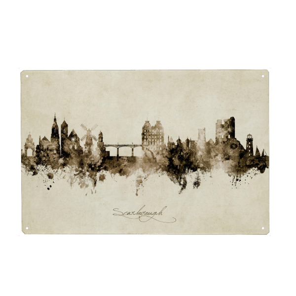 Holzbild "Scarborough England Skyline Sepia" artboxONE - Städte - Scarborough,England,Skyline,Cityscape,Stadtbild,Watercolor,Painting,City