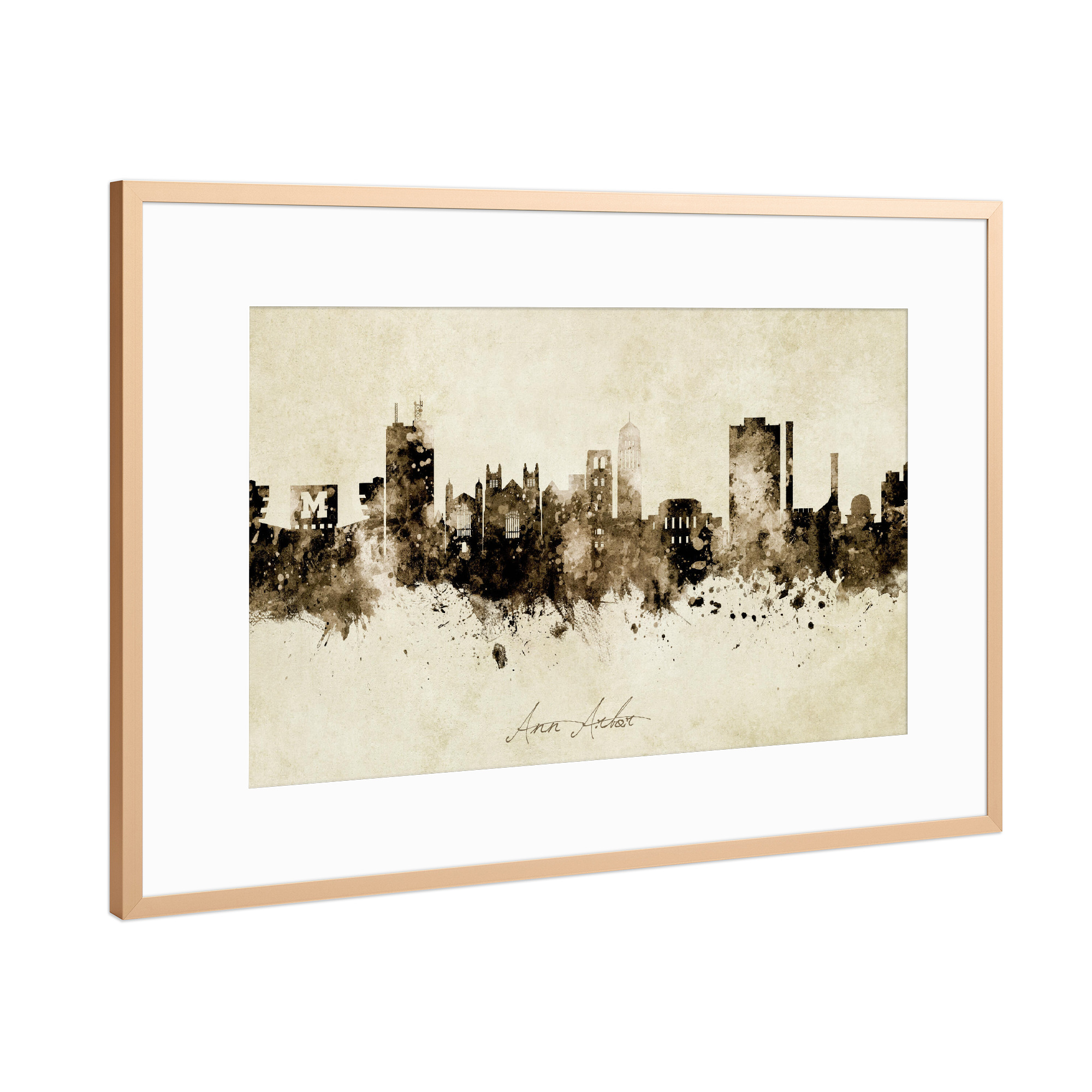 Poster mit Rahmen Kupfer "Ann Arbor Michigan Skyline Sepia" artboxONE - Städte
