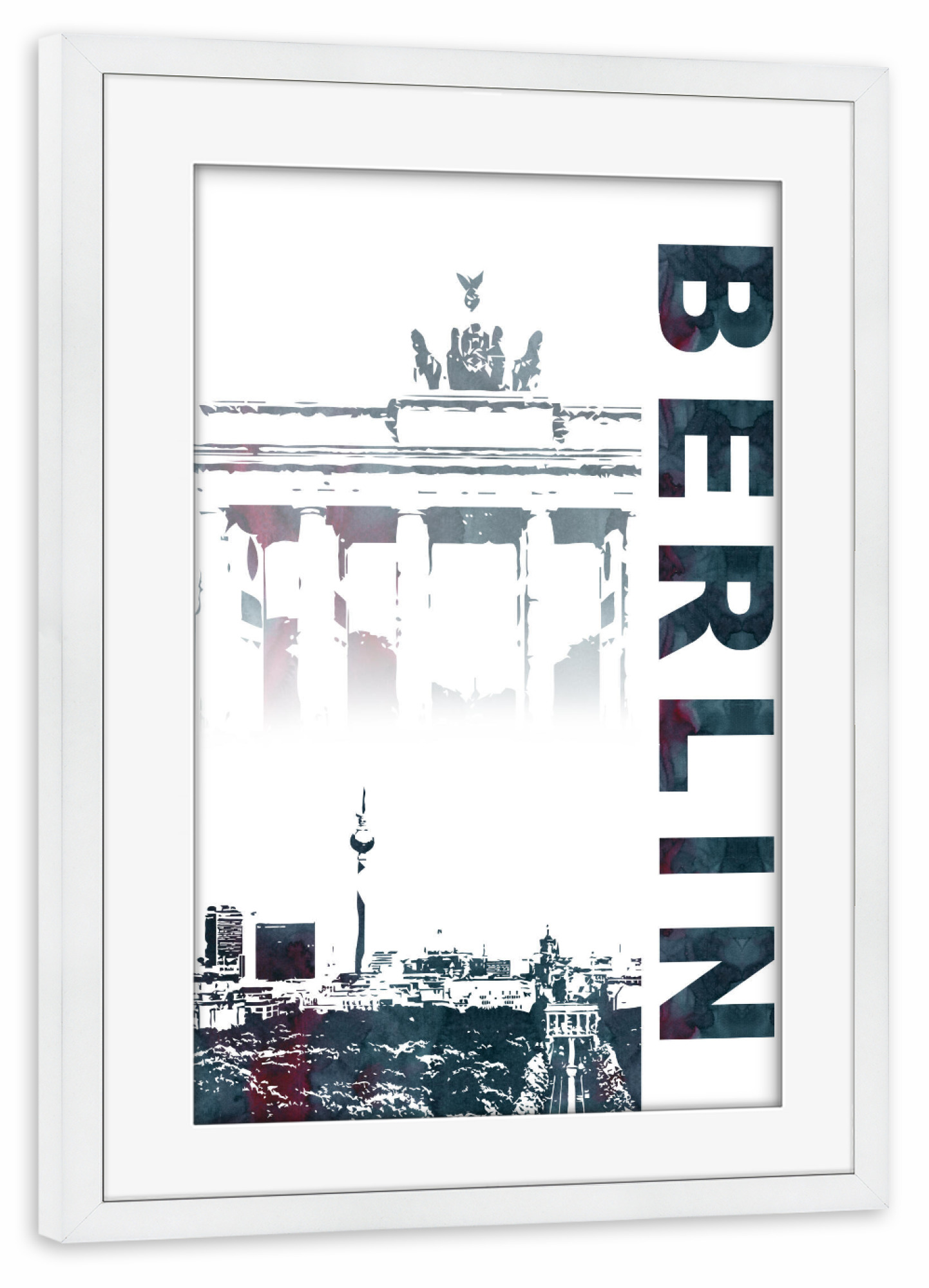 Poster mit Rahmen weiß "Berlin Skyline & Brandenburger Tor" artboxONE - Städte / Berlin,Schwarzweiß