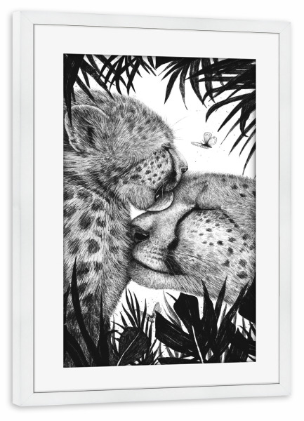 Poster mit Rahmen weiß "Cheetah love" artboxONE - Natur,Tiere,Schwarzweiß,Liebe