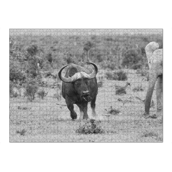 Puzzle Ravensburger "Elefant jagt Wasserbüffel" artboxONE - Natur,Tiere,Schwarzweiß,Reise / Afrika - Elefant,Büffel,Afrika,Wasserbüffel,Natur,Tiere
