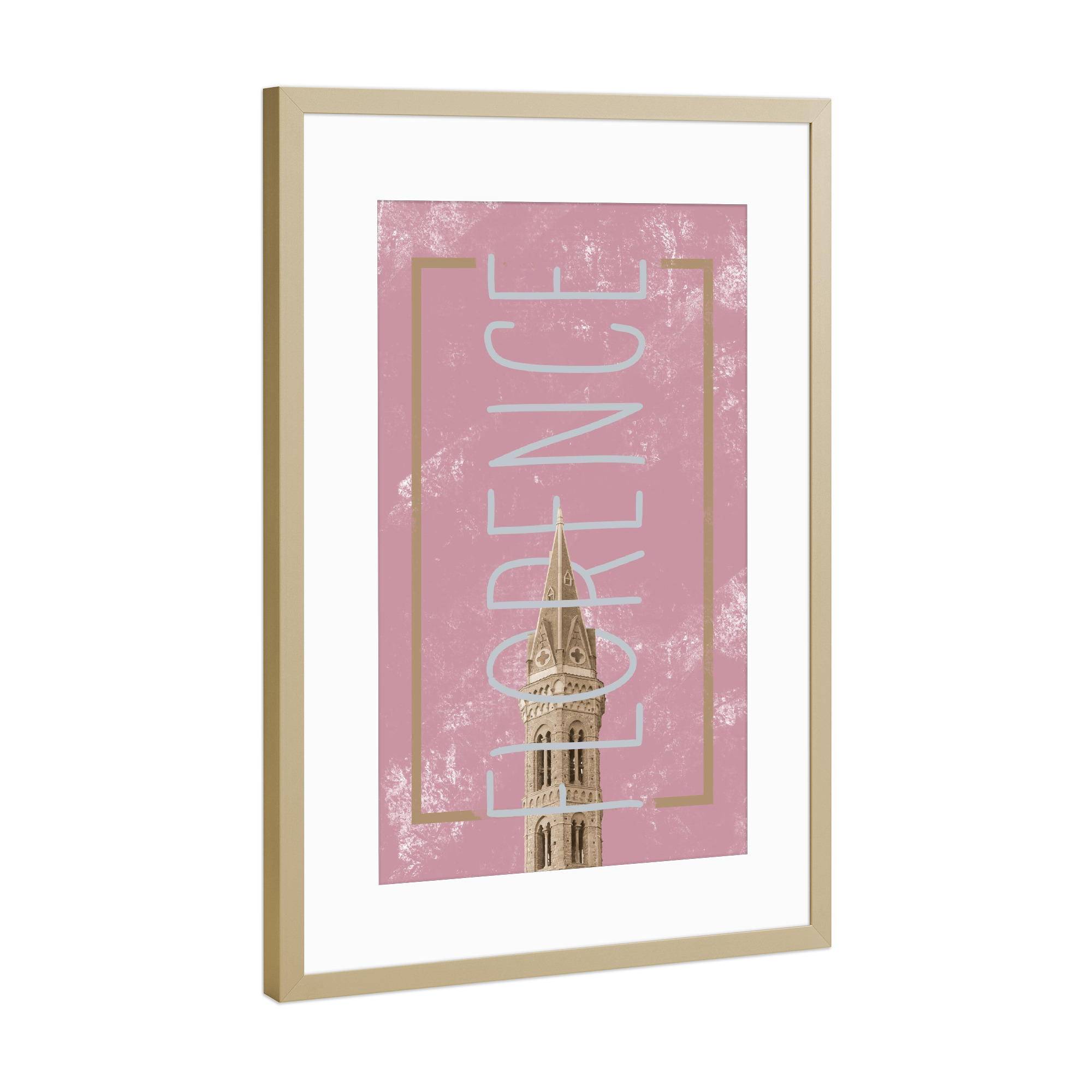 Poster mit Rahmen Gold "Florence in Pink" artboxONE - Städte,Typografie,Architektur - Florence,City,Urban,Architecture,Tower,Italy,Pink,Gold