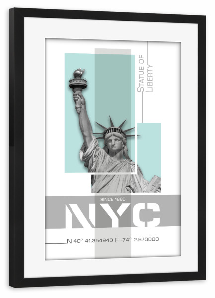 Poster mit Rahmen schwarz "NYC Freiheitsstatue | türkis" artboxONE - Städte / New York,Architektur