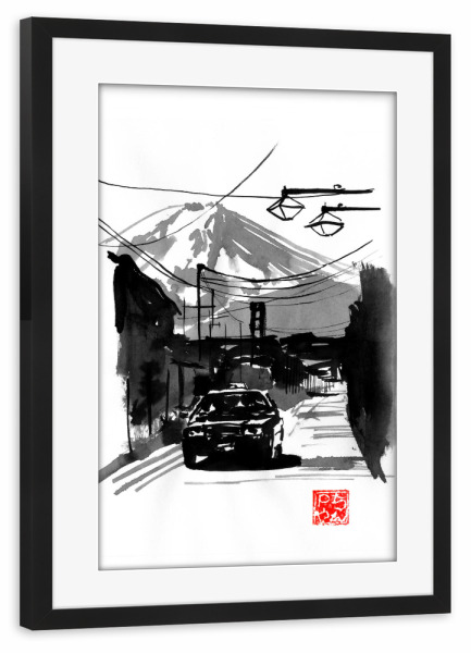 Poster mit Rahmen schwarz "Fujiyoshida and car" artboxONE - Natur,Schwarzweiß - Fujiyoshida,City,Car,Electric wire,Sumie,Japan