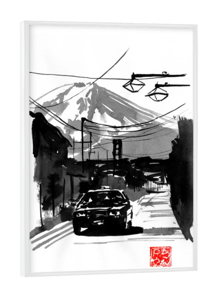 Poster mit weißem Rahmen "Fujiyoshida and car" artboxONE - Natur,Schwarzweiß - Fujiyoshida,City,Car,Electric wire,Sumie,Japan