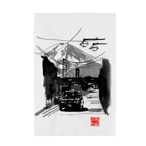 Metall Poster "Fujiyoshida and car" artboxONE - Natur,Schwarzweiß - Fujiyoshida,City,Car,Electric wire,Sumie,Japan - Blechschild