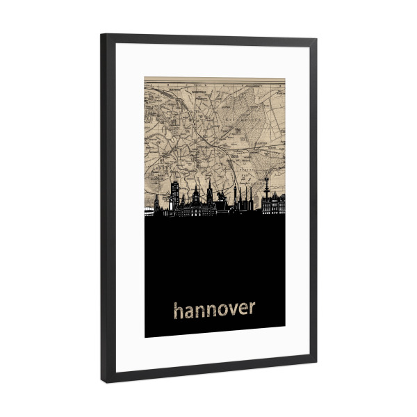 Poster mit Rahmen Schwarz (Metallic) "Hannover skyline map" artboxONE - Städte,Reise,Architektur,Kartografie