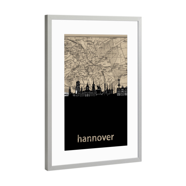 Poster mit Rahmen Silber "Hannover skyline map" artboxONE - Städte,Reise,Architektur,Kartografie
