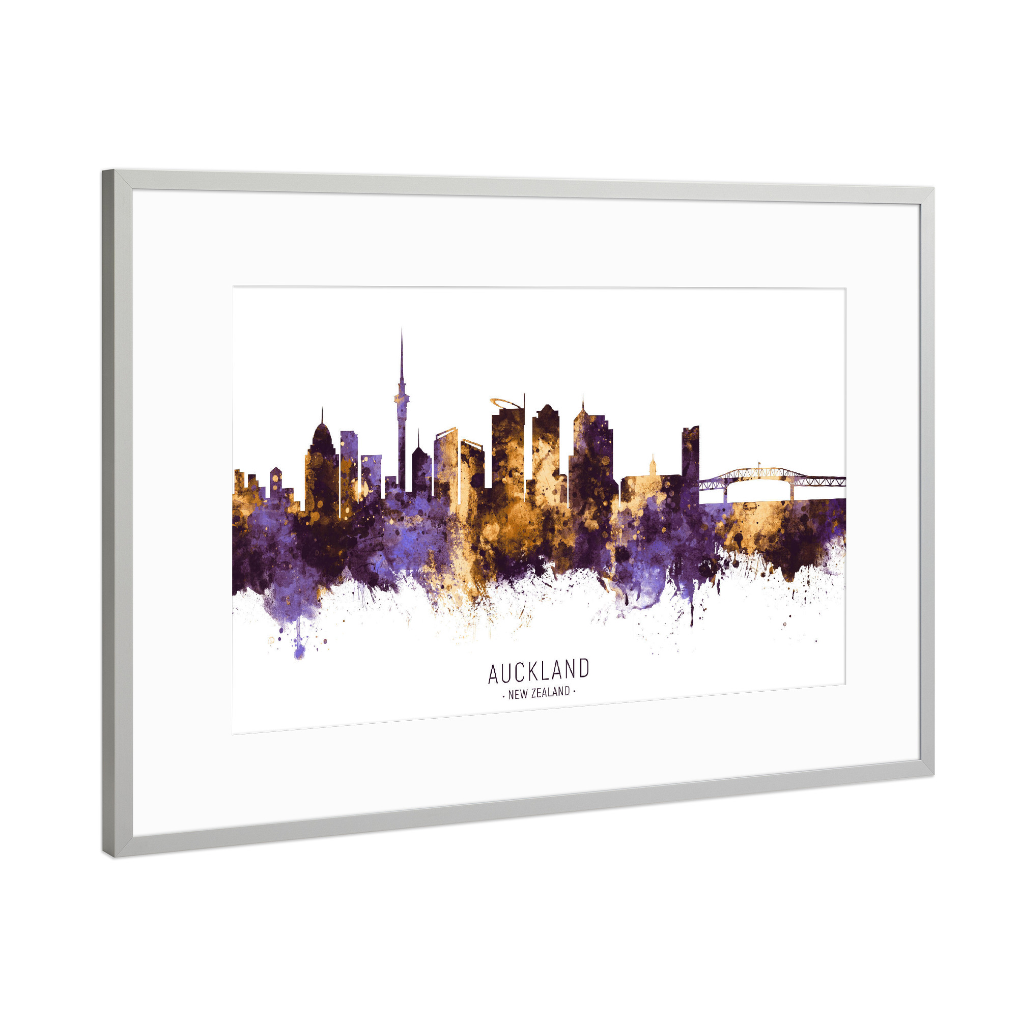 Poster mit Rahmen Silber "Auckland Skyline PurpleGold" artboxONE - Städte - Auckland,New zealand,Skyline,Cityscape,Stadtbild,Watercolor,City