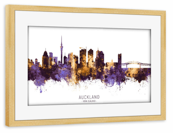 Poster mit Rahmen kiefer "Auckland Skyline PurpleGold" artboxONE - Städte - Auckland,New zealand,Skyline,Cityscape,Stadtbild,Watercolor,City