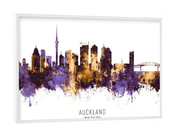 Poster mit weißem Rahmen "Auckland Skyline PurpleGold" artboxONE - Städte - Auckland,New zealand,Skyline,Cityscape,Stadtbild,Watercolor,City