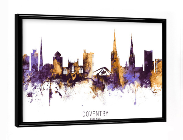 Poster mit schwarzem Rahmen "Coventry Skyline PurpleGold" artboxONE - Städte - Coventry,England,Skyline,Cityscape,Stadtbild,Watercolor,City
