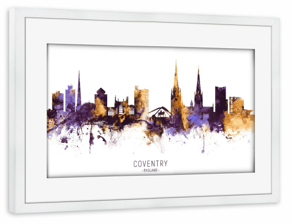Poster mit Rahmen weiß "Coventry Skyline PurpleGold" artboxONE - Städte - Coventry,England,Skyline,Cityscape,Stadtbild,Watercolor,City